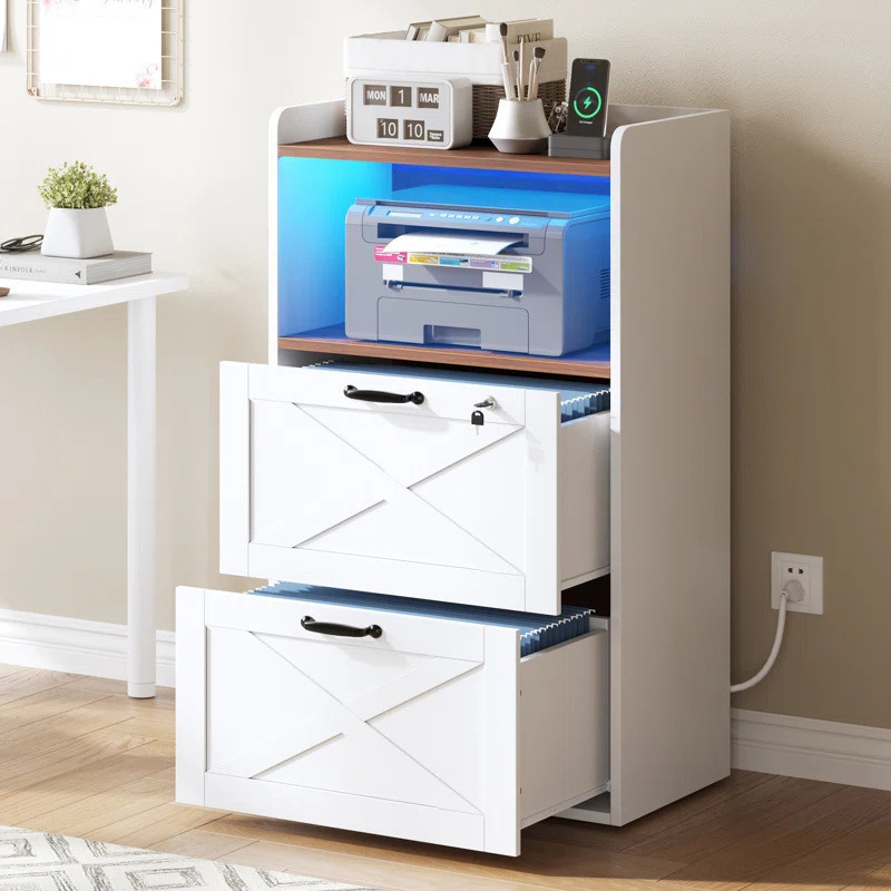 Factoria de comercio exterior personalizada dos cajones gabinete de archivos de oficina gabinete de madera con lámpara LED gabinete de almacenamiento abierto
