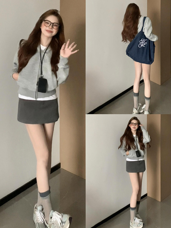 灰色短款卫衣外套女2025新款修身显瘦上衣慵懒风大衣内搭短裙套装|undefined