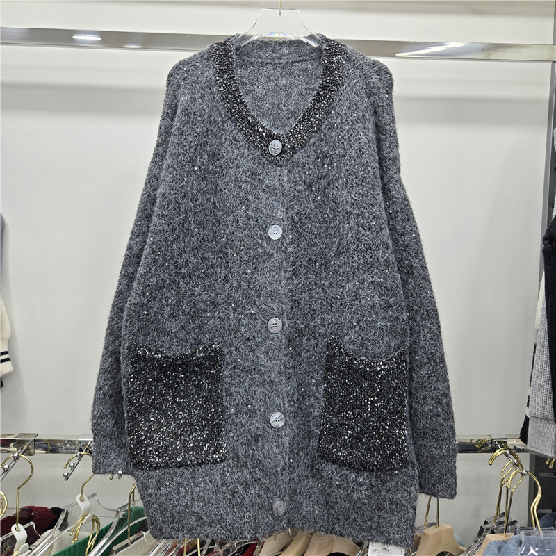 Retro cuello en V medio largo suéter cardigan chaqueta de mujer otoño invierno 2025 chaqueta de bolsillo camisa de punto blusa de moda image 2