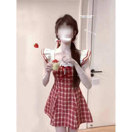 夏日学院风拼接连衣裙女小飞袖复古红色格纹初恋小个子甜美短裙子