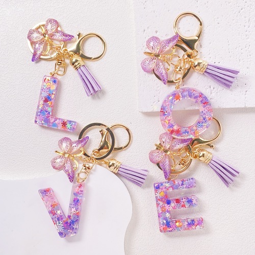 Fashion Purple Letter Keychain with Heart Glitter Butterfly Tassel Crystal Droplet Resin Pendant Accessory for Women