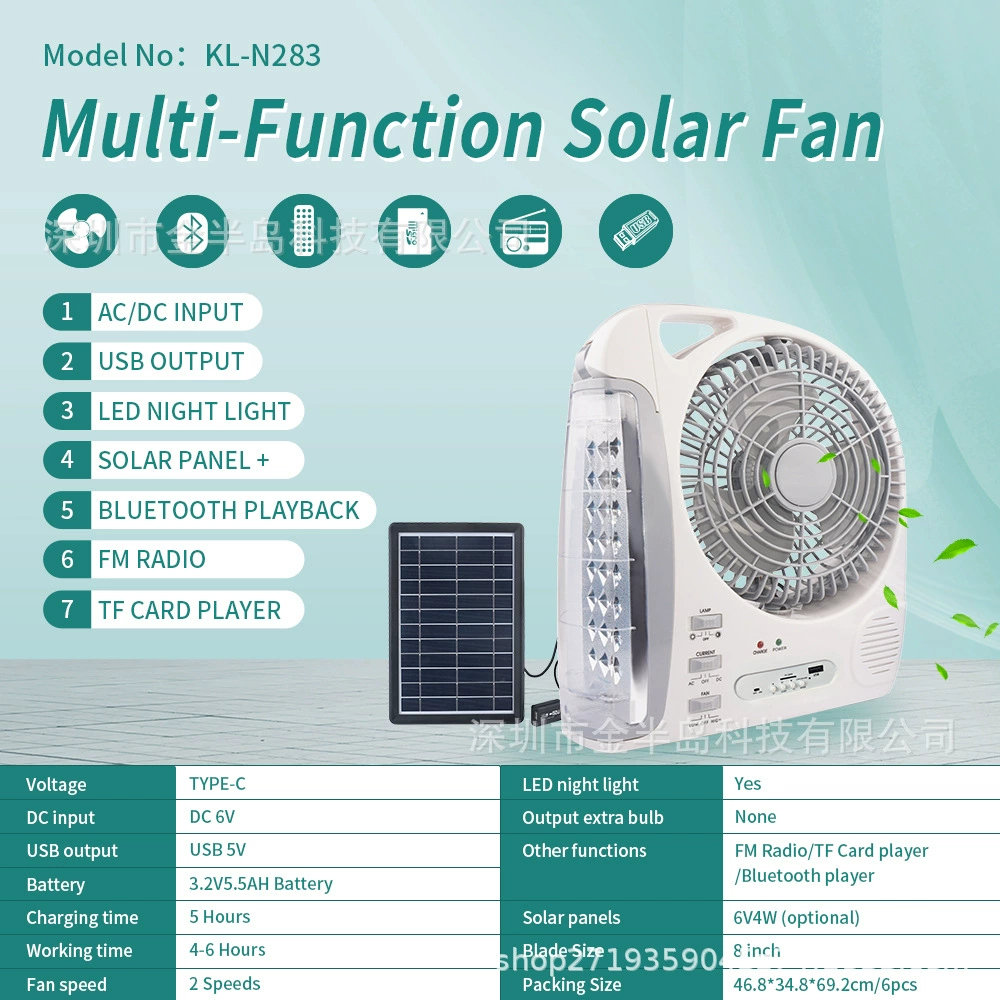 Universal travel music air fan for camping solar-powered, bluetooth, 6W