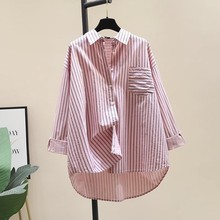 现货中长款单口袋竖条纹衬衫女春秋季新款BF简约宽松长袖开衫衬衣