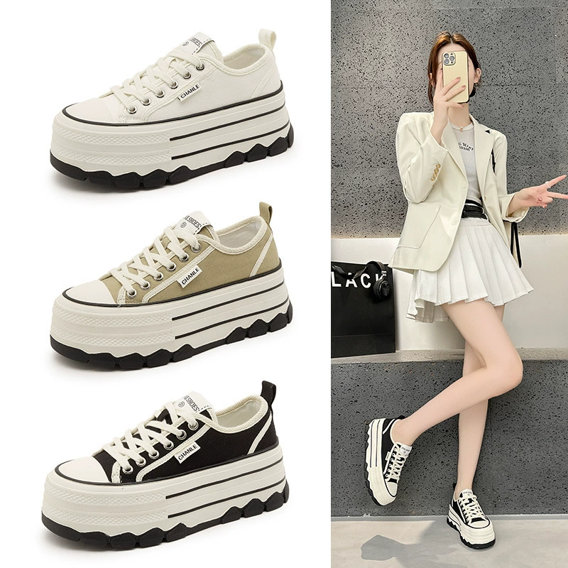 Толстая подошва, увеличенные холщовые туфли, женские 2025 новые кожаные дикие панды шнуровки, повседневные кроссовки, кексы
