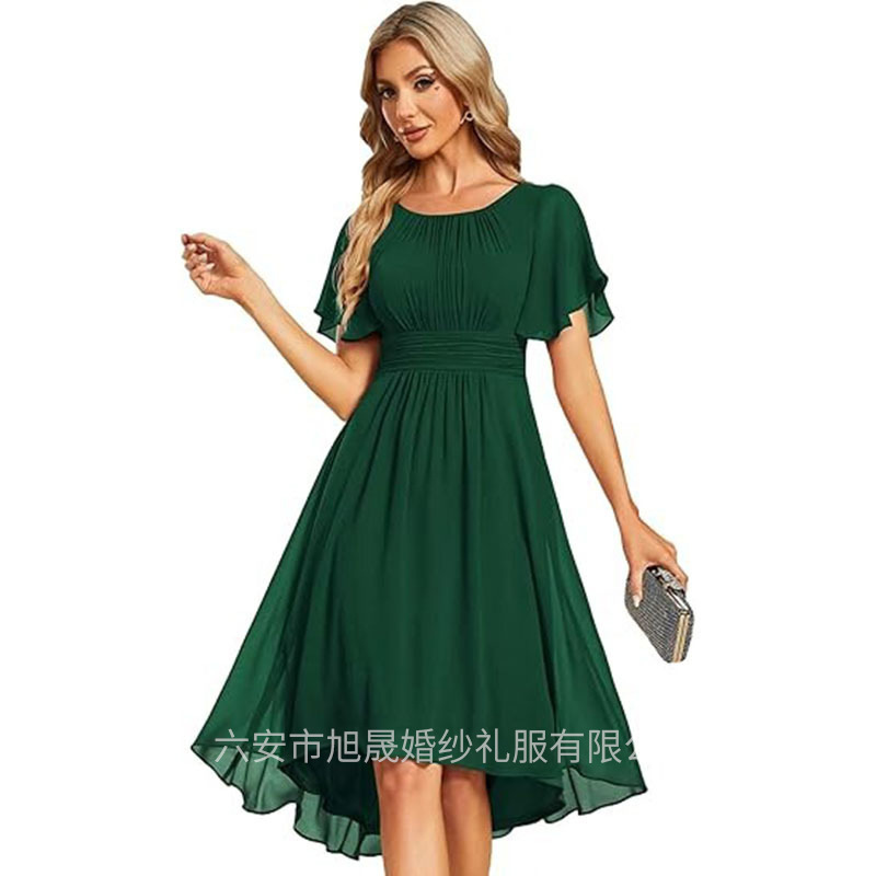 Amazon European and American Style Round Neck Short Sleeve Wedding Guest Elegant Evening Dress Chiffon Bridesmaid Dress Manufacturer