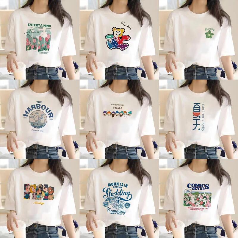 Right Shoulder Pure Cotton Short-Sleeved T-Shirt for Women, Round Neck Summer Inner Layering Shirt, Loose T-Shirt Top, Versatile 3D Printing