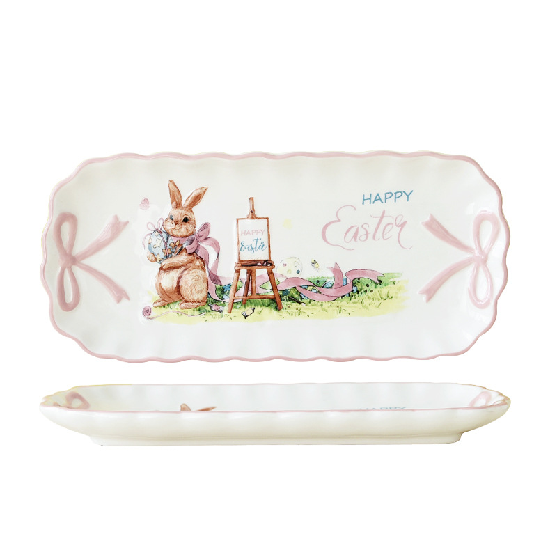 Cerámica de Pascua dibujos animados conejo cubiertos adornos encantadores set de platos para el hogar nuevos productos en stock