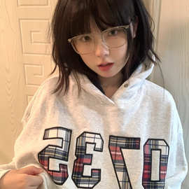 美式街头格子数字印花连帽卫衣男女情侣宽松潮牌秋冬套头上衣帽衫