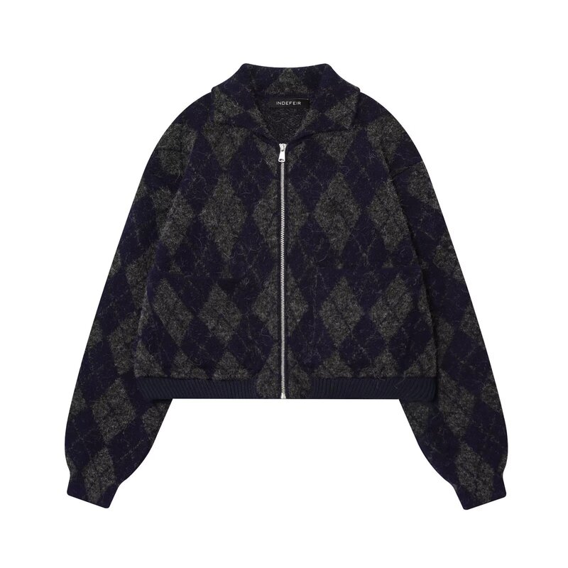 Pb&Za Women's 2025 Autumn New Hong Kong Style Diamond Pattern Knitted Bomber Jacket 6236100