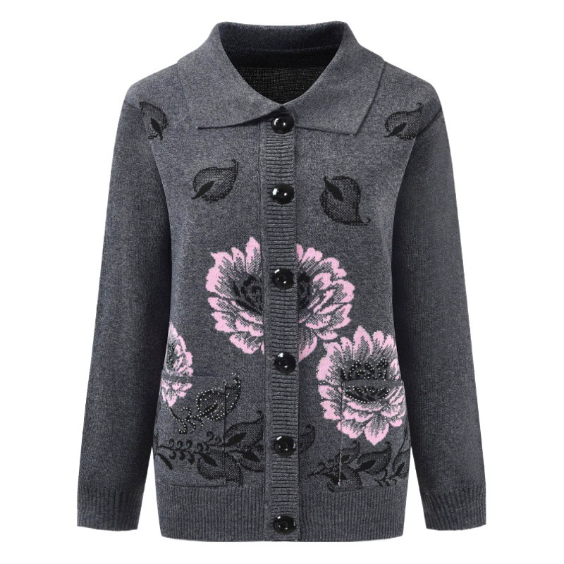 Весенне-осенний тонкий свитер для среднего и пожилого возраста с лацканами 50-60 лет, Свободное пальто для матери, Женский вязаный кардиган с вышивкой, Топ