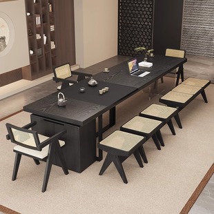 New Chinese-Style Tea Table for Home Balcony, Tea Brewing Table for Guesthouses, Living Room Coffee Table, Wabi-Sabi Style Solid Wood Large Board Tea Table and Chair Set