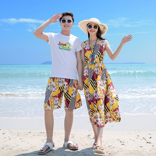 Beach parent-child clothing, summer clothing, seaside vacation, mother-daughter, mother-son, fashionable, family of three, four, sleeveless long dress