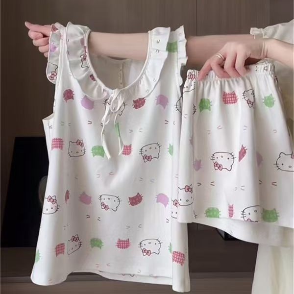 여성을위한 달콤하고 귀여운 키티 고양이 서스펜더 잠옷 여름 얇은 조끼 짧은 양복 학생 기숙사 가정 의류