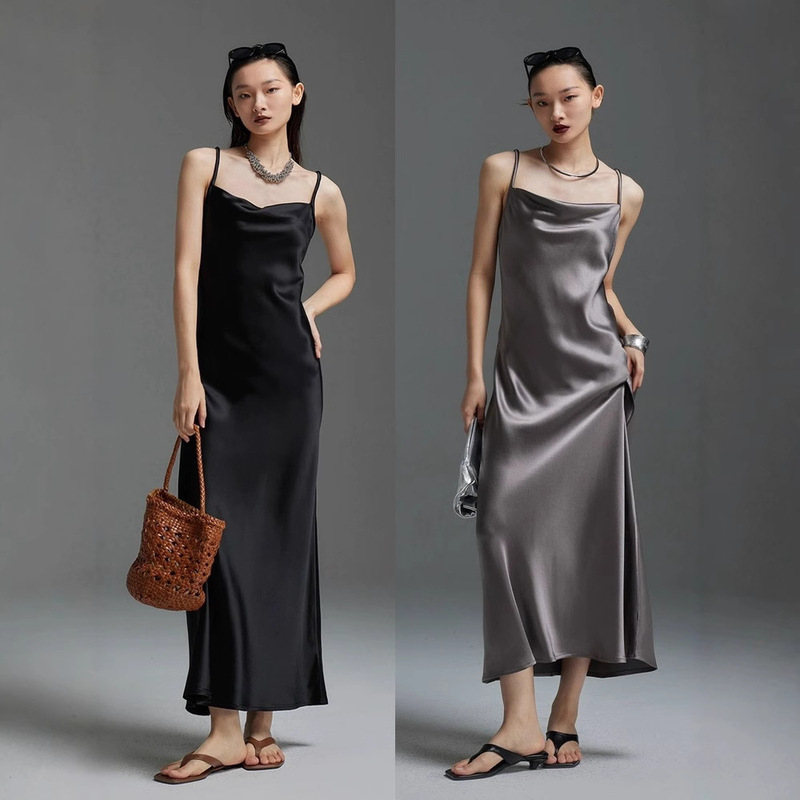 Heavyweight Bias-Cut Long Acetate Satin Dress with a Draped Neckline and Slit, Long Strapless Dress for Tall Women, Summer Heavyweight Bias-Cut Long Acetate Satin Dress with a Draped Neckline and Slit, Long Strapless Dress for Tall Women, Summer