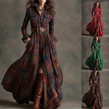 跨境女装法式复古格子显瘦不规则连衣裙女欧美亚马逊新款设计感裙