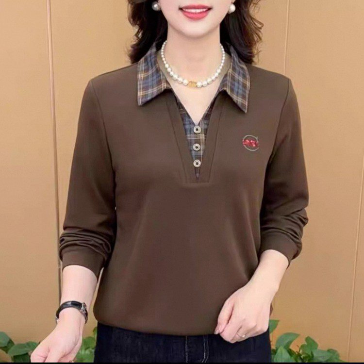 一件代发直播爆款2025春秋季新款翻领假两件长袖T恤女上衣妈妈装|undefined