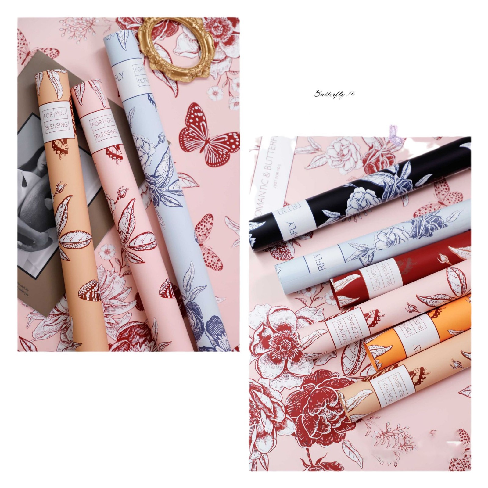 Papel de pluma de mariposa de flores de estilo retro papel de embalaje de flores impermeable florista papel de embalaje de flores