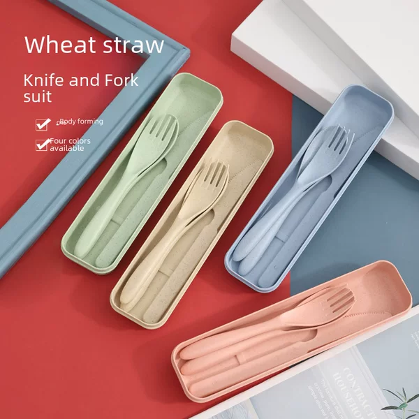 New Wheat Straw Creative Cutlery Tableware Portable Travel Children's Tableware Three-piece Storage Set