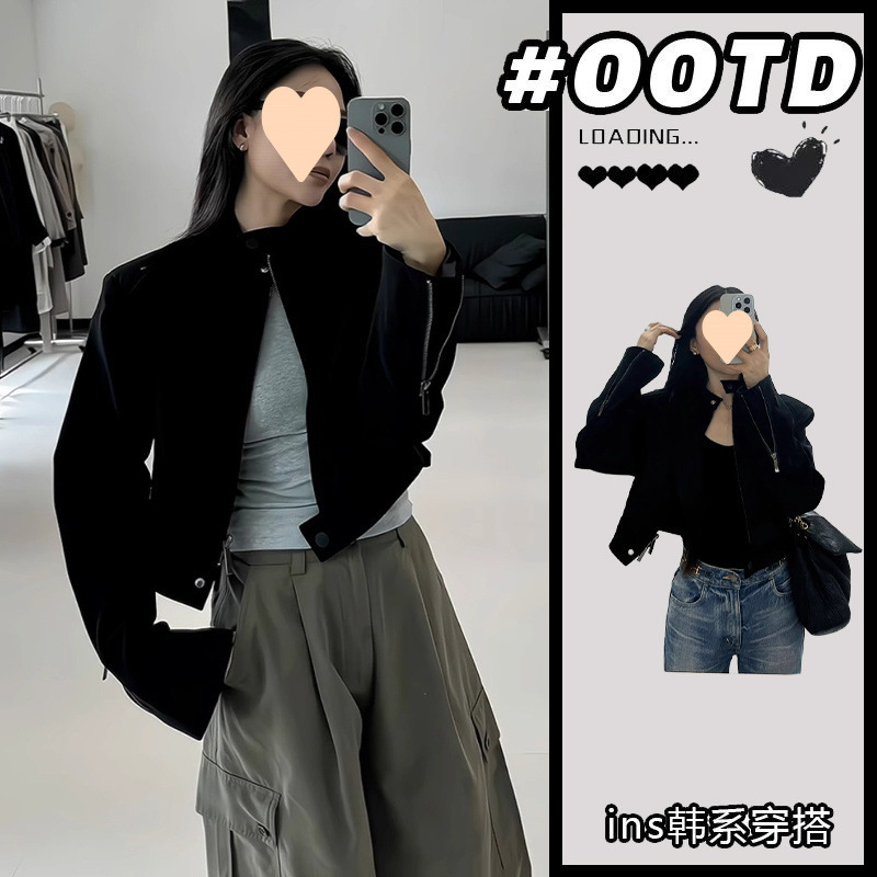 2025 Fall New High-Grade Sweet Cool Korean Style Versatile Black Casual Baseball Jacket Short-Sleeve Outerwear Women's Top