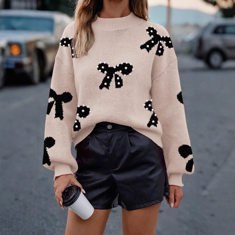 Trendy Casual Bow Sweater Women's Loose Pullover Beaded Knitwear European and American Cross-Border Women's New Style