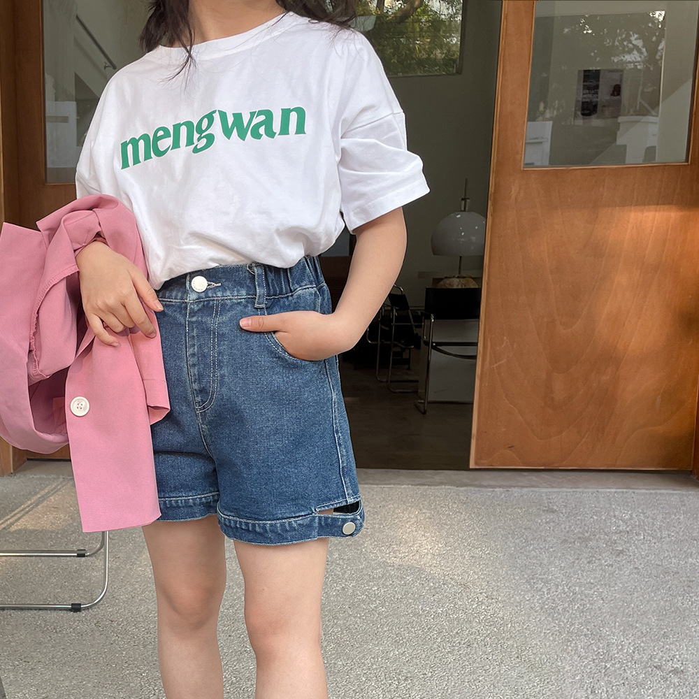 聪小妹2022春夏款 中大童复古设计感牛仔短裤 儿童休闲高腰A字裤|ru