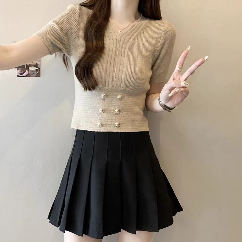 V-Ausschnitt, hohe Taille, kurzärmeliger Damen-Sommer, neuer französischer Stil, kleiner, duftender Wind, Eisseide, gestrickter Pullover_voghion.com