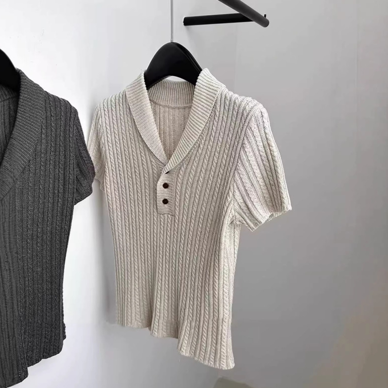 Old Money Style~ Lyocell Tencel Lapel Twist Knit Sweater for Women, Thin Summer New Style, Green Fruit Collar Short-Sleeve Casual Top Old Money Style~ Lyocell Tencel Lapel Twist Knit Sweater for Women, Thin Summer New Style, Green Fruit Collar Short-Sleeve Casual Top