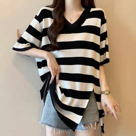 大码中长款v领条纹短袖t恤女2025年夏季胖mm宽松显瘦冰丝针织上衣