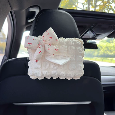 Car-Mounted Tissue Box, Creative and Fresh Style with Bow, Tissue Holder for Car Armrest Box, Car Interior Decoration (Car tissue box/set) - cherry-bow-off-white-puff-tissue-box
