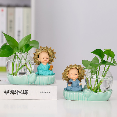 New Zen style straw hat little monk water-cultured green radish hydroponic decoration home office desktop ornaments vase flower utensils