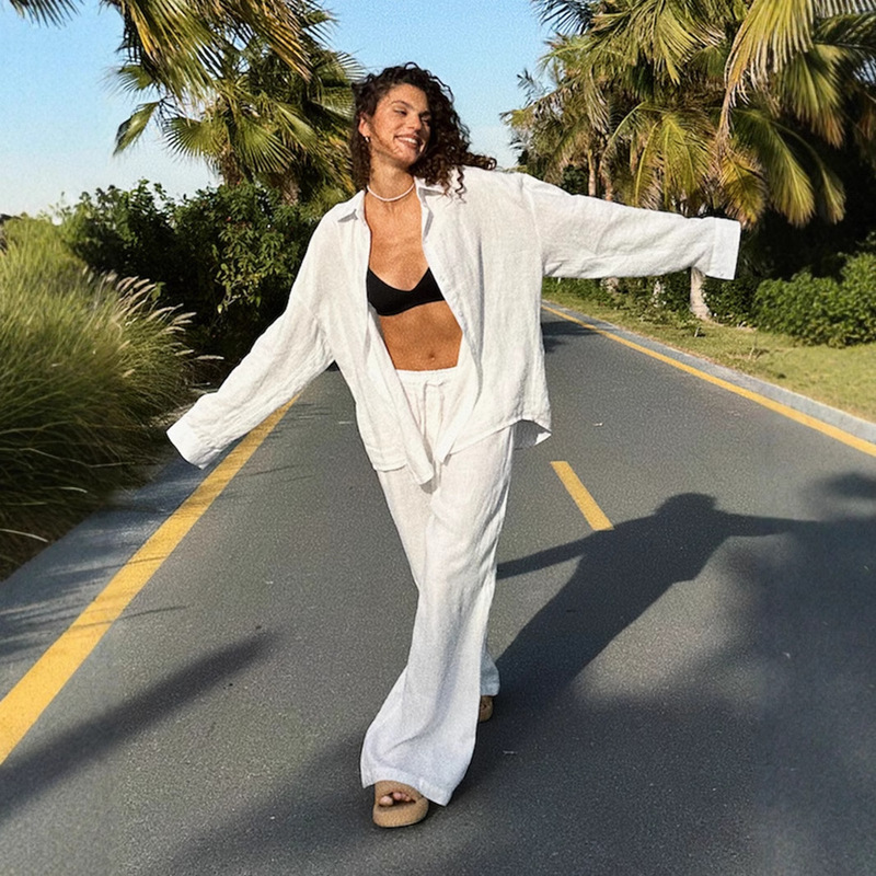 Cross-border Cotton Shirt Trousers suit Europe and the United States 2025 Spring and Summer New Loose Long Sleeve Shirt Casual suit Women