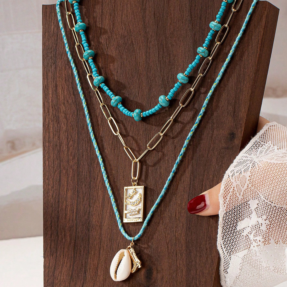 Zinc Alloy Chain Material Beaded Chain, Paperclip Chain Chain Type 1 Set Quantity Marine Style Conch Turquoise Zinc Alloy Beaded Chain Paperclip Chain Pendant Necklace In Bulk