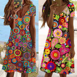 2023夏季亚马逊速卖通几何修身短袖V领中长款连衣裙