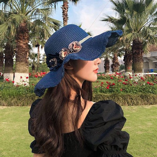 Straw hat female college style young people anti-UV sun protection hat slim and cute new three flower sunshade sun hat