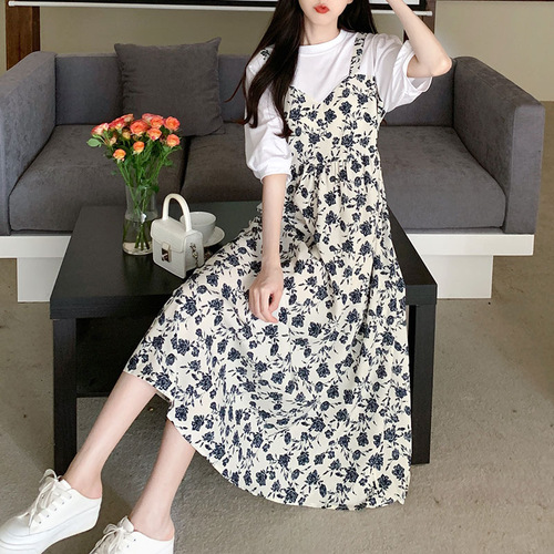 Gentle Wind False Two-Piece Strap Dress, Loose Hiding Fat, Floral Long Dress for Children and Girls in Summer