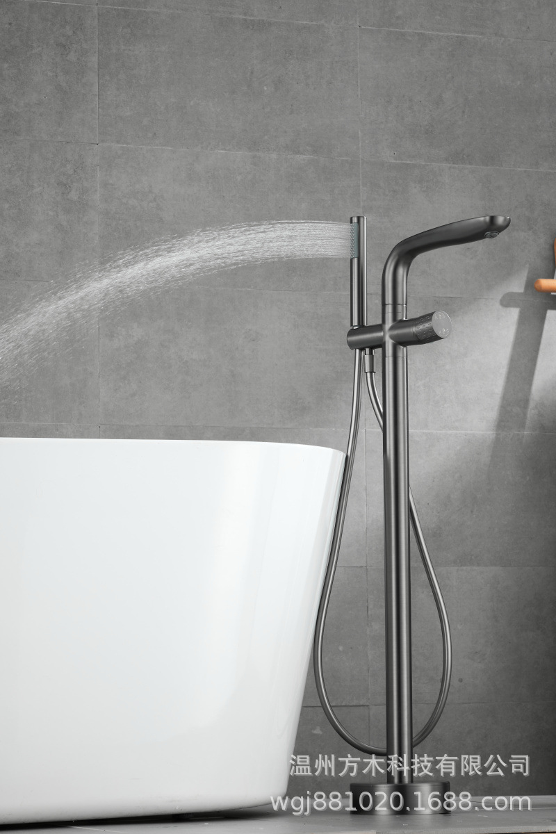 Black chrome-plated brushed gold gun gray floor-standing single-handle double-control ceramic valve core hot and cold water faucet, wooden bucket bathtub, showerhead undefined