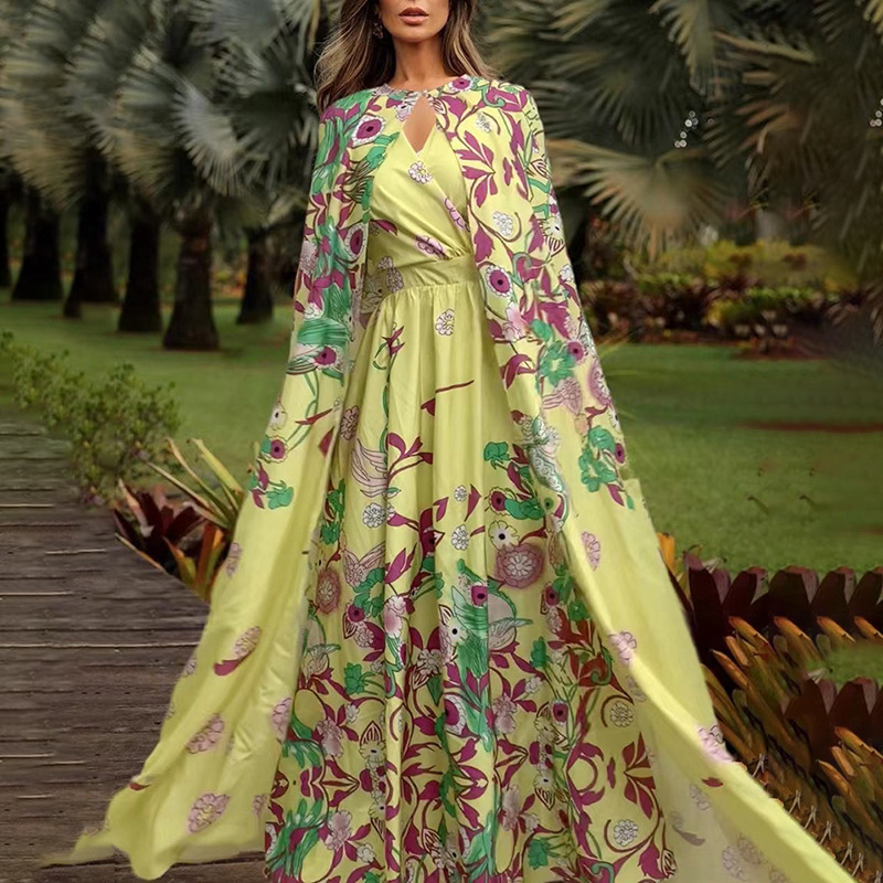 Cross-border foreign trade elegant V-neck Printing Dress with ultra-long cloak two-piece set suit