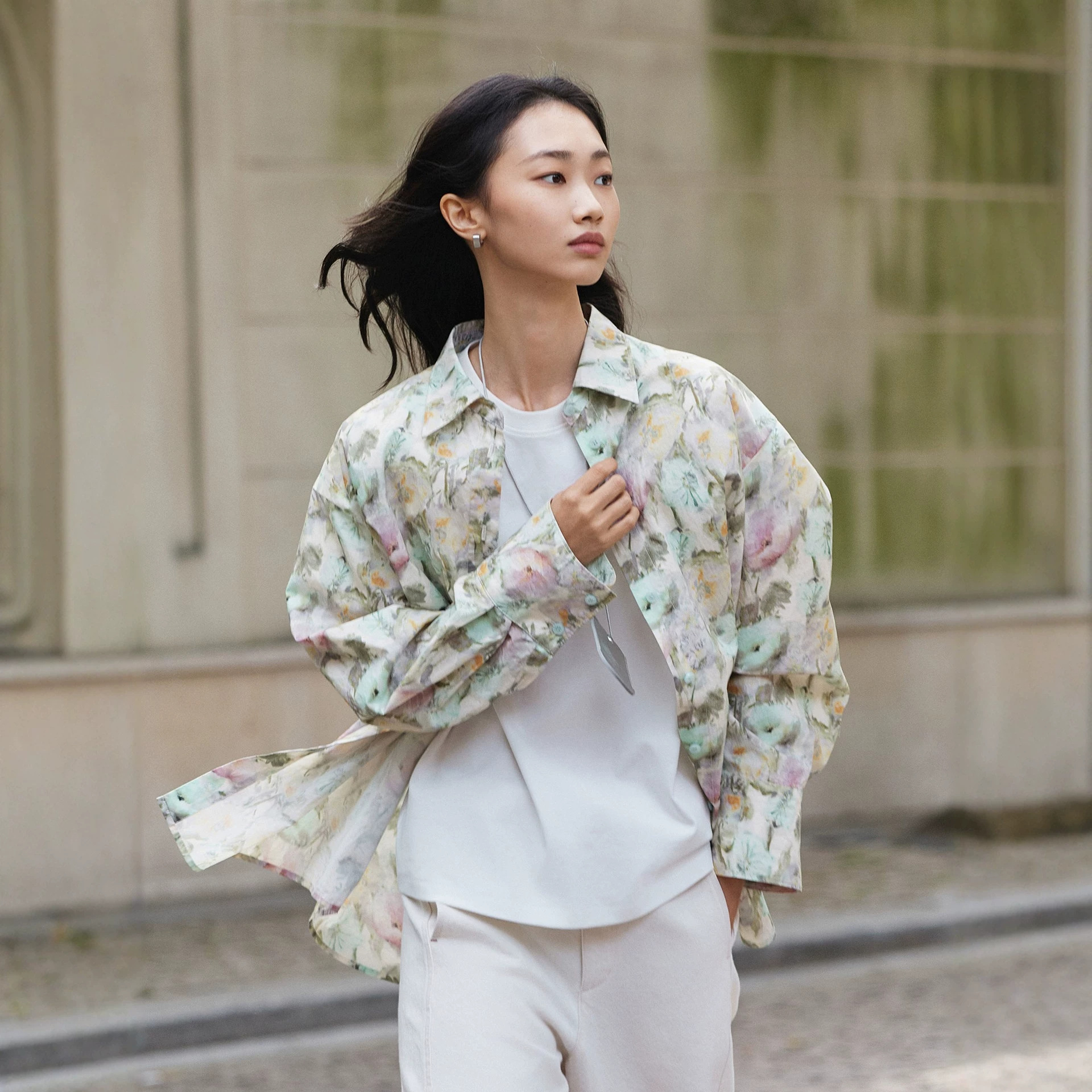 青春减龄满印印花衬衫女26秋季新款翻领长袖宽松显瘦纯棉方领衬衣