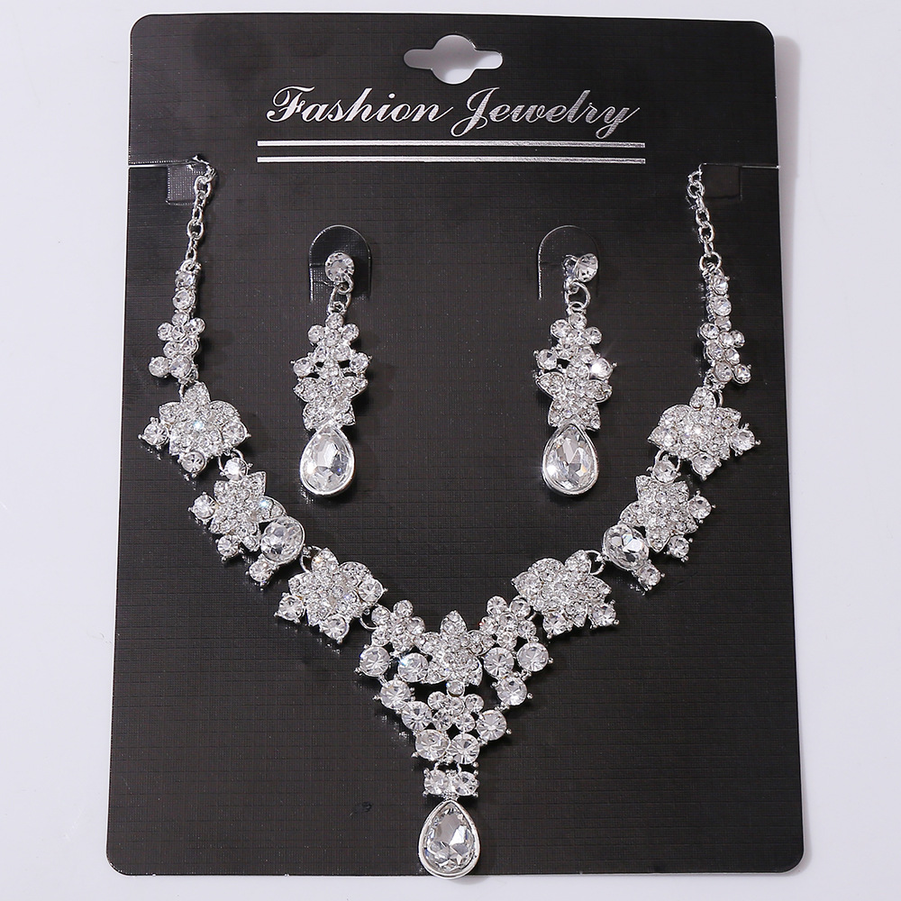 Inlay Design Bridal Water Droplets Flower Alloy Inlay Rhinestones Earrings Necklace