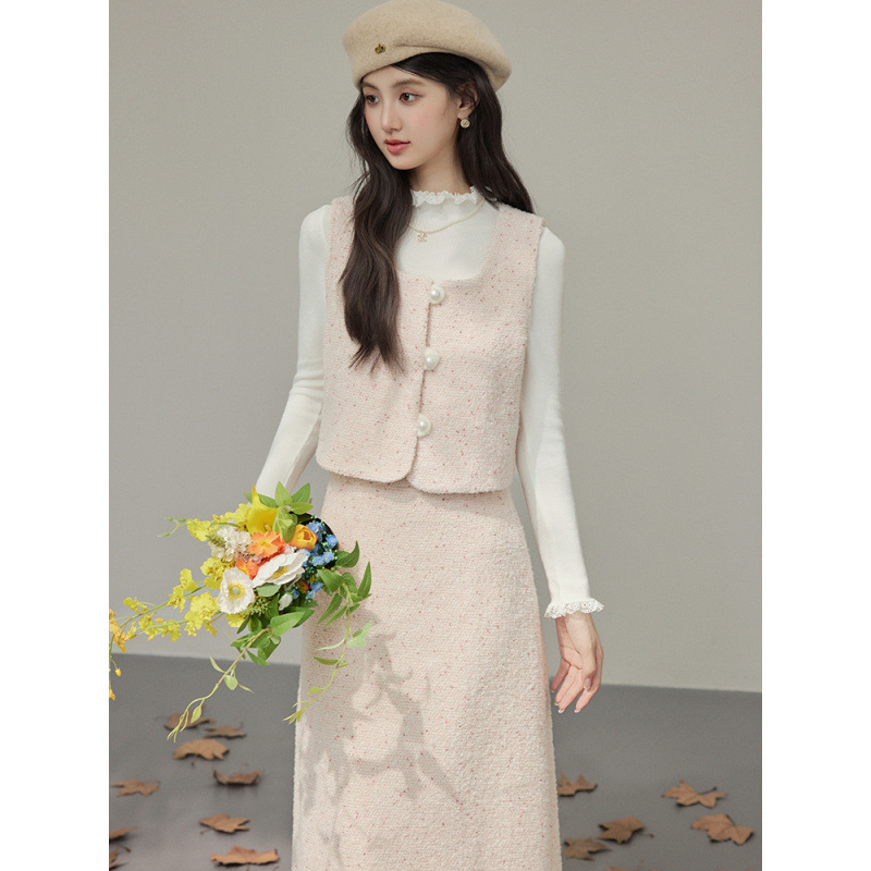 法式小香风套装女秋冬季粉色甜美富家千金马甲气质搭配一整套裙子