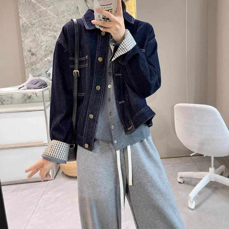 Korean style retro plaid patchwork denim jacket for women, early spring 2026 new loose Hong Kong style petite jacket top