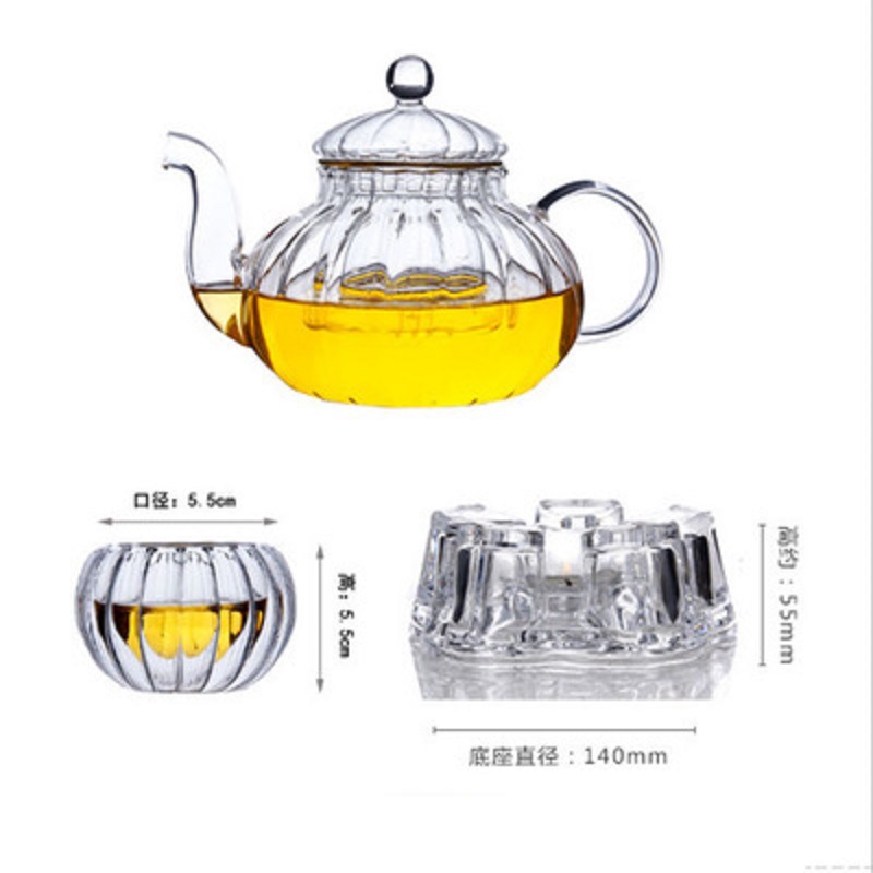 Venta al por mayor de borosilicato resistente al calor juego de té de vidrio engrosado Filtro de flores y hierba tetera a rayas calabaza olla traje de entrega de una sola pieza