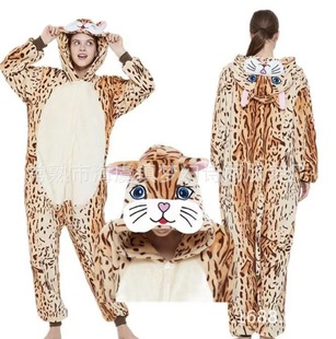 Animal cartoon wholesale autumn and winter tiger cat cute flannel leopard print cat one-piece pajamas men and women couples home clothes