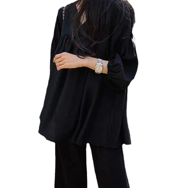 工場秋の新しいベビードールシャツ七分袖トップ V ネック韓国スタイルルーズふわふわ底シャツ女性のシャツ|undefined
