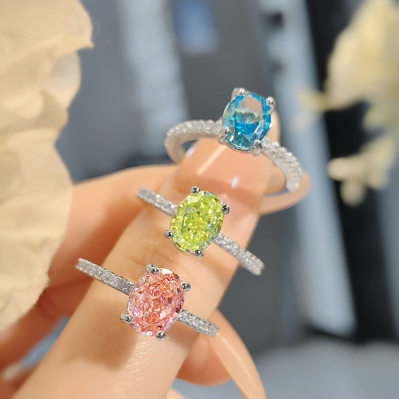 Fashionable Light Luxury Pigeon Egg Ice Flower Cut Ice Ocean Blue Ring Simple Padparadscha High Carbon Diamond Apple Green Ring for Women