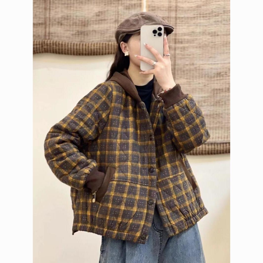 剪标商场专柜撤回复古格子连帽棉服外套女冬妈妈显瘦轻薄保暖棉衣