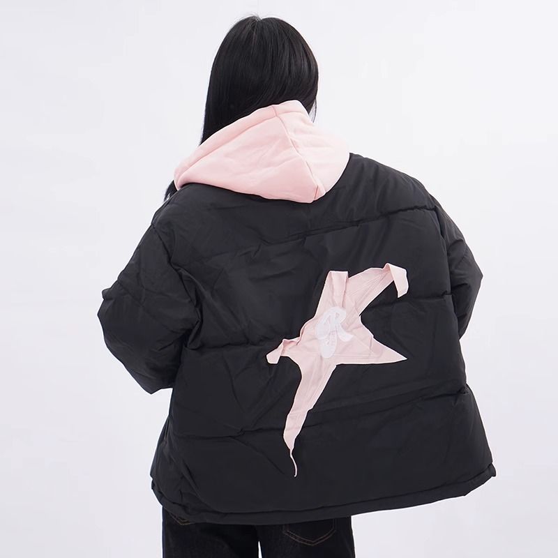 Falso de dos piezas de estilo americano retro estrellas pegado chaqueta de algodón con capuzas de invierno suelta nicho sentido de diseño image 4