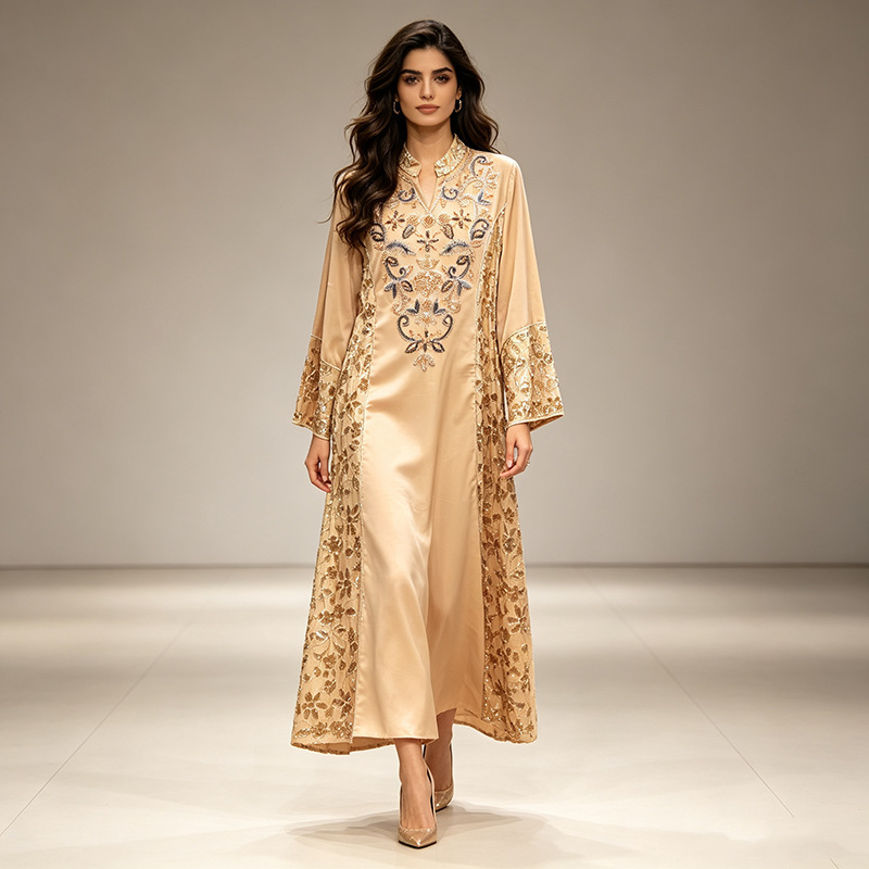 2026 Fashionable New Cross-Border Beaded Floral Design Loose Dress for Women, Elegant and Stylish with Side Sequins