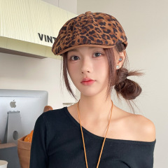 韩系豹纹麂皮绒前进帽女美式复古大头围贝雷帽秋冬显脸小鸭舌帽子