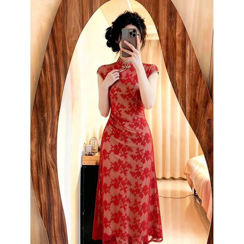 New Chinese-Style Women's Red Lace Modified Cheongsam Dress, Summer New Engagement Dress, National Style Hanfu Dress New Chinese-Style Women's Red Lace Modified Cheongsam Dress, Summer New Engagement Dress, National Style Hanfu Dress